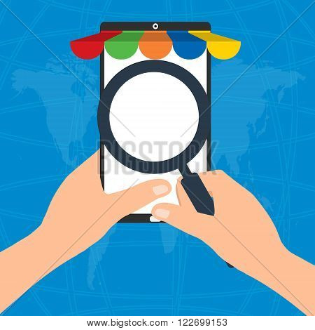 Businessman hold a magnifying glass for choosing internet online shopping on mobile tablet smart phone on world map background. E-Commerce online shopping concept.