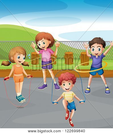 Boys and girls exercising in the park illustration