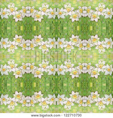 Seamless pattern with ornate narcissus flower or daffodil on the green background. Spring white daffodils on a beautiful acrylic painting background. Daffodils spring flowers or narcissus. Canvas.