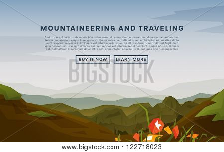 Mountaineering and Traveling Vector Illustration. Landscape with Mountain Peaks. Extreme Sports, Vacation and Outdoor Recreation Concept. Spring Flowers