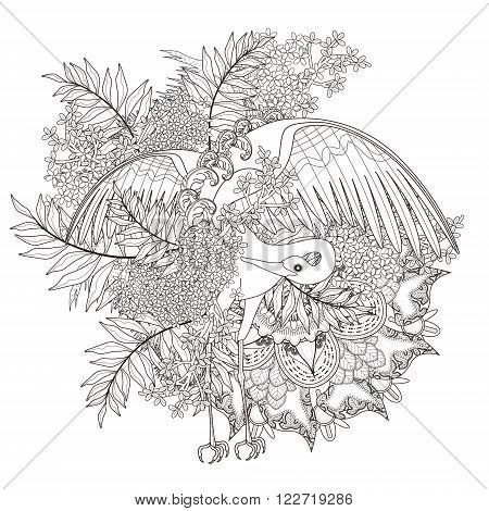 elegant crane coloring page with floral elements in exquisite line