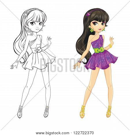 Coloring book vector illustration of beautiful girl in disko purple dress