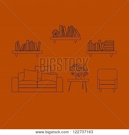 Home, hotel room interior with comfortable furniture outline vector illustration. Outline furniture bunners. Living room outline furniture. Outline furniture color bunner set. Outline furniture concept