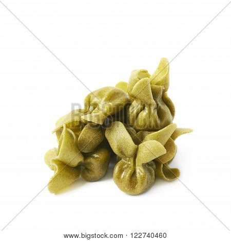 Pile of sacchettoni stuffed sacchetti pasta isolated over the white background