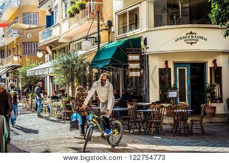 NICOSIA CYPRUS - DECEMBER 3: Cafeterias along Onasagorou Street a popular tourist sidewalk in central Nicosia on December 3 2015.