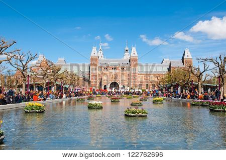 AMSTERDAM-APRIL 27: The Rijksmuseum during King's Day on April 27 2015. The Rijksmuseum is the most important art museum in the Netherlands with thousands of old paintings in its collection.