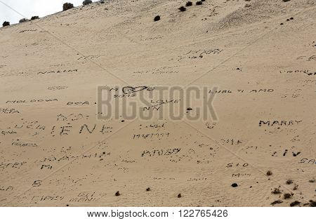 Inscriptions From Stones On The Beach Playa De Sotavento Canary Island Fuerteventura Spain