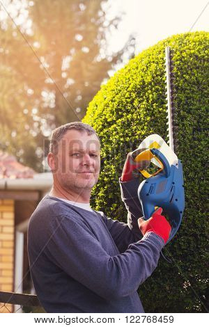 Gardener cutting a hedge with a hedge cutter