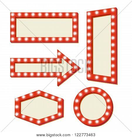Retro sign with lights. Red frame with neon lights. Simple and empty retro frame. Template vintage road signs. Pointer arrow. illustration. The symbol in vintage style. Set of retro frames.