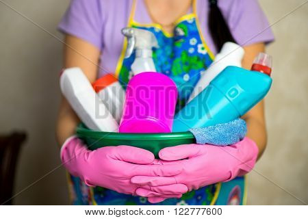 A set of household chemicals to clean the house