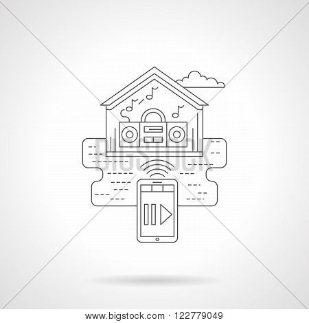 House with music magnetophone with phone remote control. Smart house concept. Media technology. Single detailed flat line style vector icon. Web design elements for business, site, mobile app.