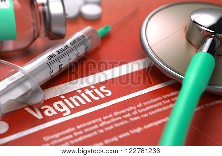 Vaginitis - Printed Diagnosis on Orange Background with Blurred Text and Composition of Pills, Syringe and Stethoscope. Medical Concept. Selective Focus. 3D Render.