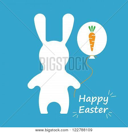 Vector Happy Easter card. Adorable vector Easter Rabbit esolated on white background. Vector Easter Hare with ballon. Hare and carrot. Happy Easter illustration in flat style.