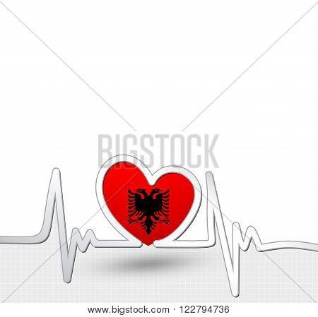 Albania flag heart and heartbeat line.Patriotic vector background.