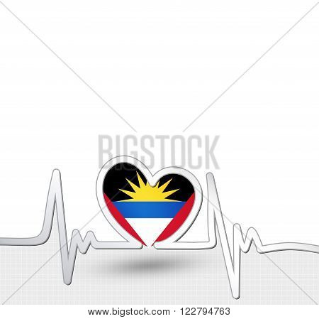 Antigua and Barbuda flag heart and heartbeat line.Patriotic vector background.