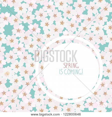 'Spring is coming!' postcard. Cherry blossom. Sakura flowers. Endless floral background with copy space. Hanami. Japanese Culture. Cherry blossom viewing. Can be used as seamless pattern.