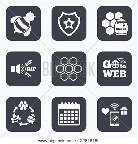 Mobile payments, wifi and calendar icons. Honey icon. Honeycomb cells with bees symbol. Sweet natural food signs. Go to web symbol.