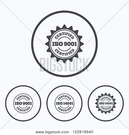 ISO 9001 and 14001 certified icons. Certification star stamps symbols. Quality standard signs. Icons in circles.
