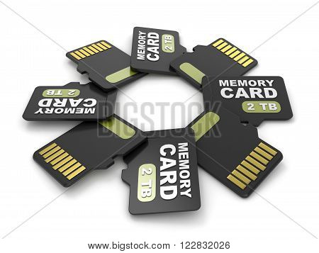 MicroSD memory cards front and back view 2 TB. Circular arrangement. 3D render illustration isolated on white background