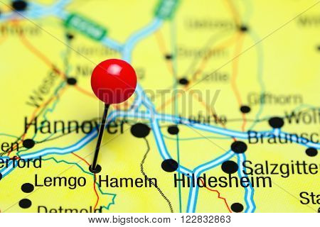 Photo of pinned Hameln a map of Germany. May be used as illustration for traveling theme.