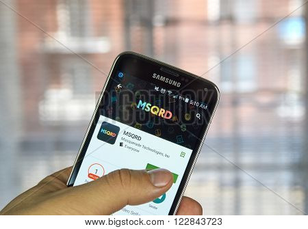 MONTREAL CANADA - MARCH 20 2016 - MSQRD - android application on cell phone scree. MSQRD is a popular selfie application which was bought by Facebook.