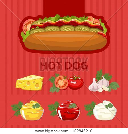 Big tasty hot dog with different sauces on a colored background.