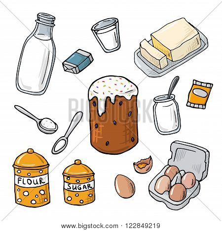 Easter cake ingredient. Set of vector elements: milk, flour, eggs, sugar, butter, yeast. Cartoon illustration