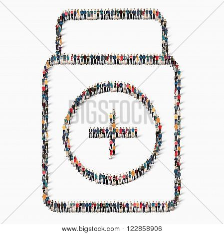 Isometric style kit medicine Web infographics concept illustration of a crowded square, flat 3d. Crowd point group forming kit form. Creative collection of people.