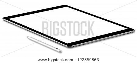 Black tablet computer and pen, isolated on white background. Whole render in focus.