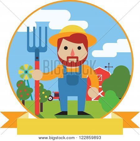 Vector illustration of Farmer standing with his pitchfork