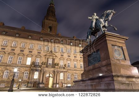 Copenhagen, Denmark - March 22, 2016: The seat of the Danish parliament Christiansborg Palace by night.