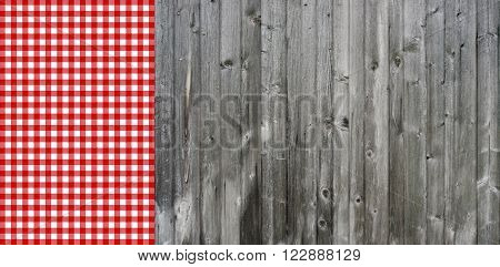 Rustic Background Grey old wood and red white tablecloth