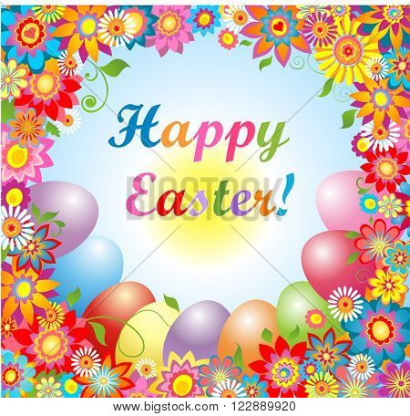 Easter card with colorful flowers and painted eggs