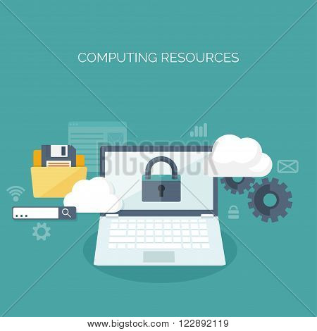 Vector illustration. Flat cloud computing background. Data storage network technology. Multimedia content , web sites hosting. Memory, information transfer.