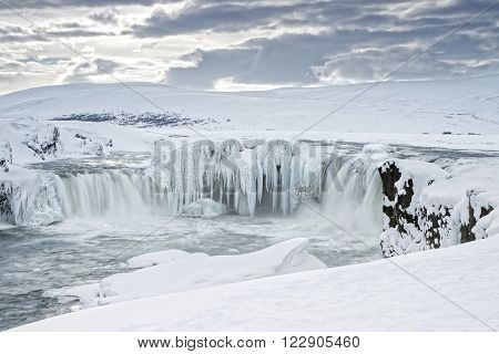 Godafoss in winter. Godafoss is one of the most spectacular waterfalls in Iceland