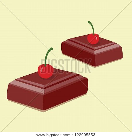 chocolate pieces with cherry, flat vector illustration