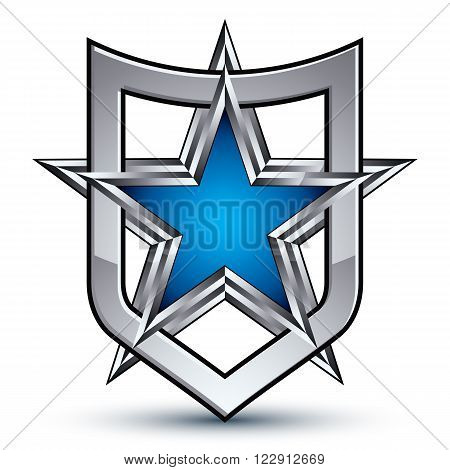 Renown vector silver emblem with pentagonal star 3d sophisticated design element. Dimensional coat of arms isolated on white background.