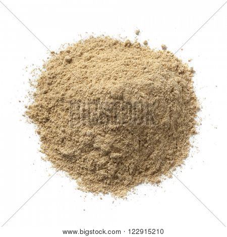 Heap of ground kencur powder on white background