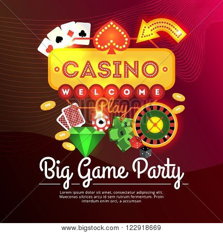 Big game party casino advertising poster with neon sign and casino elements flat vector illustration