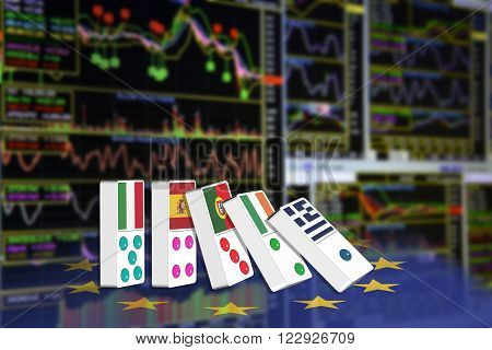 Five dominoes of EU countries that seem to have financial problem stand upright in front of the display of financial instruments for stock market technical analysis.