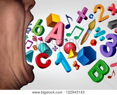Concept of teaching and learning symbol as a teacher with a wide open mouth with numbers letters music notes and geometry shapes emerging out as a school and instructor tutoring communication to students.
