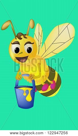 Cartoon bee carries honey in a blue bucket on a green background vector illustration