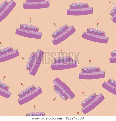 Cartoon birthday cake seamless vector illustration. Cheerful pink background