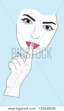 woman face showing thumbs up gesture of silence vector illustration