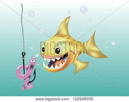 Cartoon orange fish hunts on a pink worm vector illustration. Fun, fishing, hook underwater.