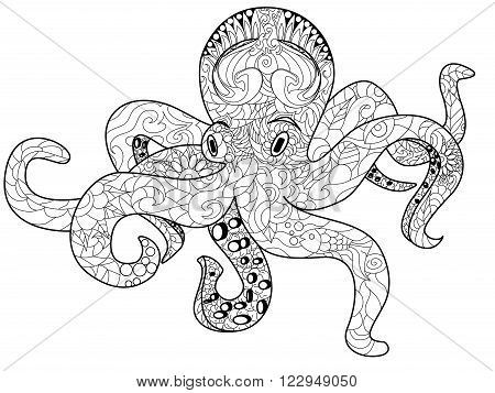 Octopus sea animal coloring book for adults vector illustration. Anti-stress coloring for adult. Zentangle style. Black and white lines. Lace pattern