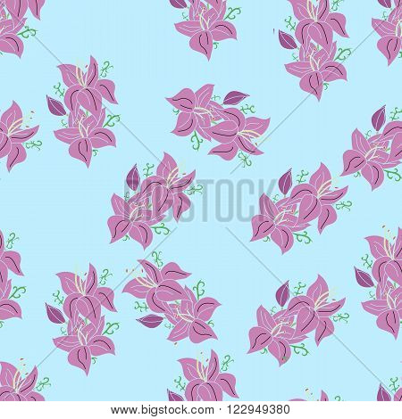 Purple lily flowers with leaves seamless vector illustration