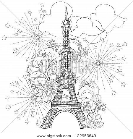 Zentangle stylized Eiffel tower Hand Drawn vector illustration. Sketch for tattoo or makhenda. France collection.Boho style