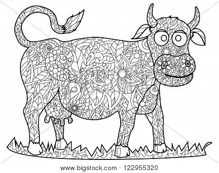 Cow Coloring pet adult vector illustration. Anti-stress coloring for adults. Zentangle style. Black and white lines. lace