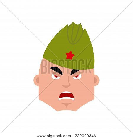 Soviet soldier angry emoji. Retro Russian warrior evil emotions avatar. aggressive Military in Russia. Illustration for 23 February. Defender of Fatherland Day. Army holiday for Russian Federation